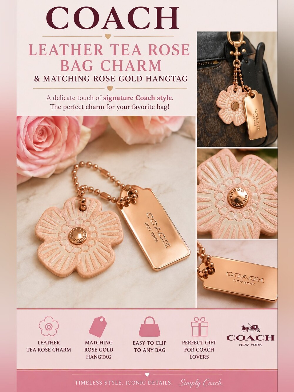 Coach Leather Tea Rose Bag Charm & Matching Rose Gold Hangtag